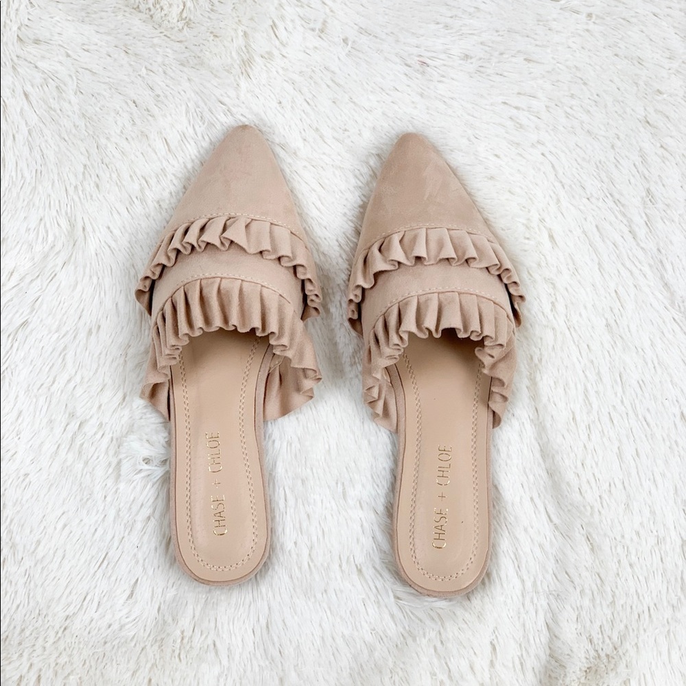 Suede Tiered Ruffle Trim Nude Flat Mules - Picture 2 of 4